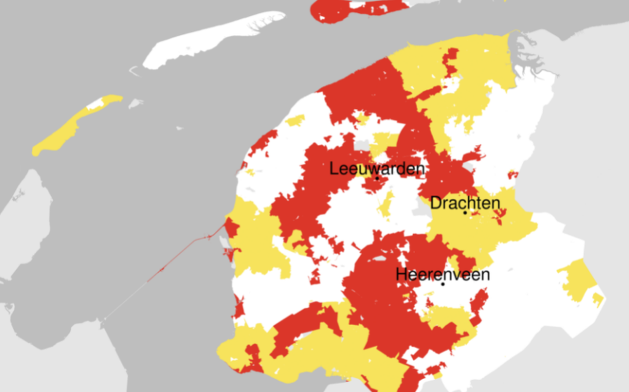 Kaart van Liander van 10 juni over beschikbaarheid transportcapaciteit ( rood helemaal niet, geel beperkt, wit geen probleem). Kaart van Liander van 10 juni over beschikbaarheid transportcapaciteit ( rood helemaal niet, geel beperkt, wit geen probleem).
